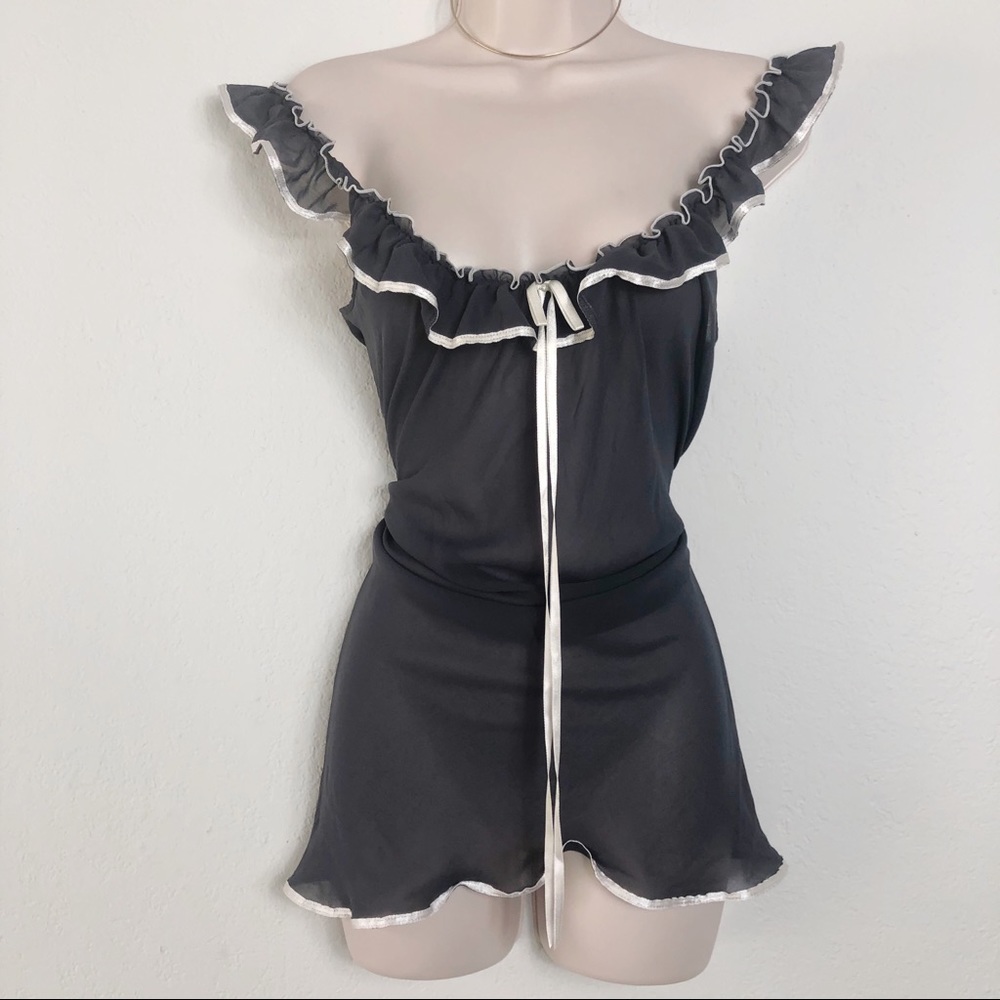 Gray Sheer Off-the-Shoulder Lingerie Dress